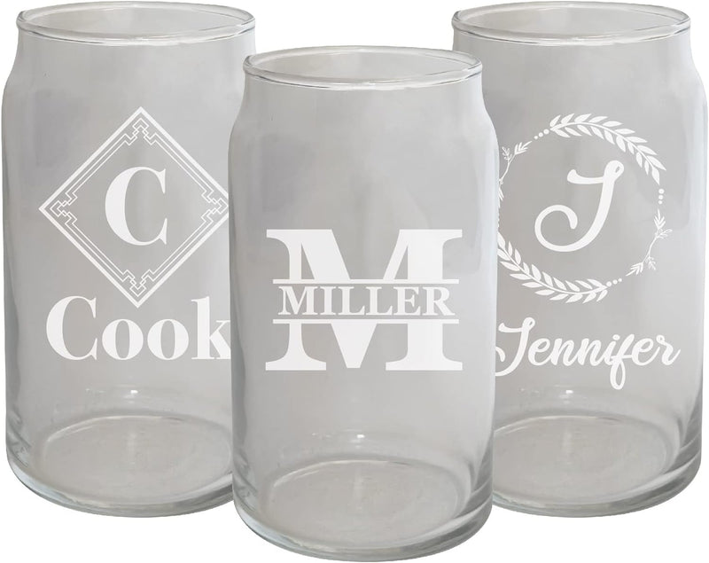 Customizable Monogram 16 oz Engraved Glass Beer Can - Personalized with Monogram and Name 16oz Can Shaped Glass Cups