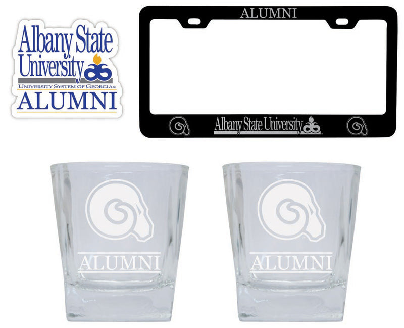 Albany State University Collegiate Alumni Gift Set Engraved Whiskey Glasses, License Plate Frame & Decal