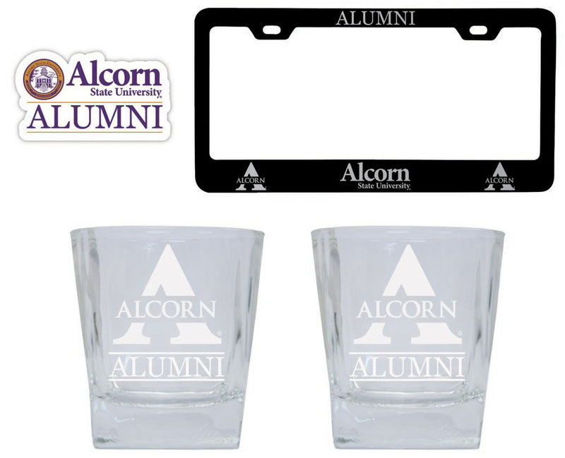 Alcorn State Braves Collegiate Alumni Gift Set Engraved Whiskey Glasses, License Plate Frame & Decal