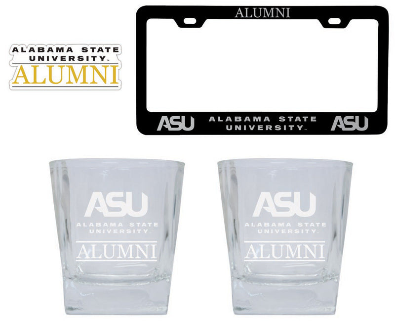 Alabama State University Collegiate Alumni Gift Set Engraved Whiskey Glasses, License Plate Frame & Decal