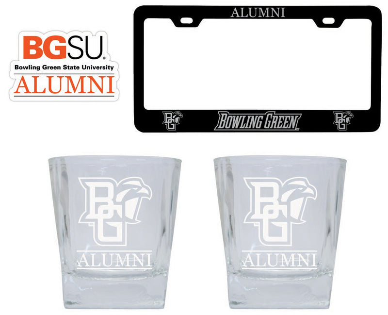 Bowling Green Falcons Collegiate Alumni Gift Set Engraved Whiskey Glasses, License Plate Frame & Decal