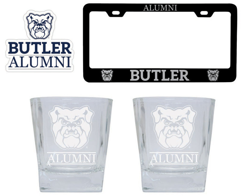 Butler Bulldogs Collegiate Alumni Gift Set Engraved Whiskey Glasses, License Plate Frame & Decal