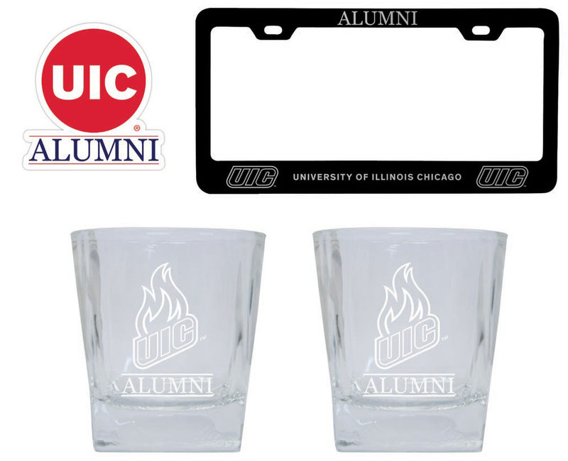 University of Illinois at Chicago Collegiate Alumni Gift Set Engraved Whiskey Glasses, License Plate Frame & Decal
