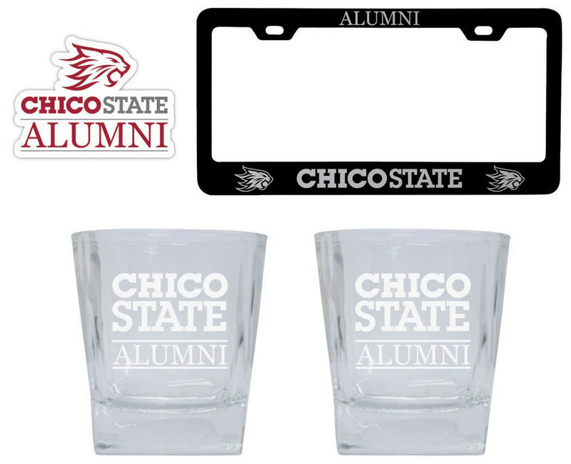 California State University, Chico Collegiate Alumni Gift Set Engraved Whiskey Glasses, License Plate Frame & Decal