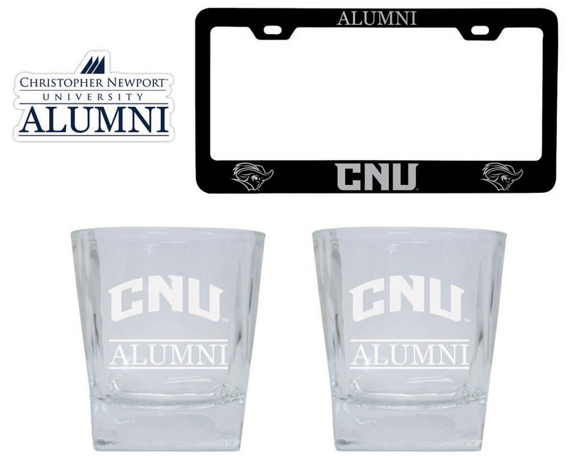 Christopher Newport Captains Collegiate Alumni Gift Set Engraved Whiskey Glasses, License Plate Frame & Decal