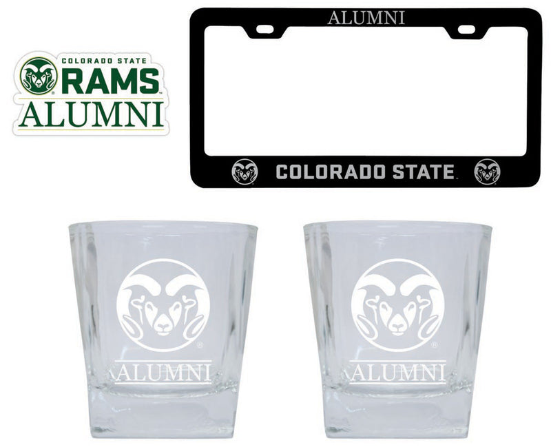Colorado State Rams Collegiate Alumni Gift Set Engraved Whiskey Glasses, License Plate Frame & Decal