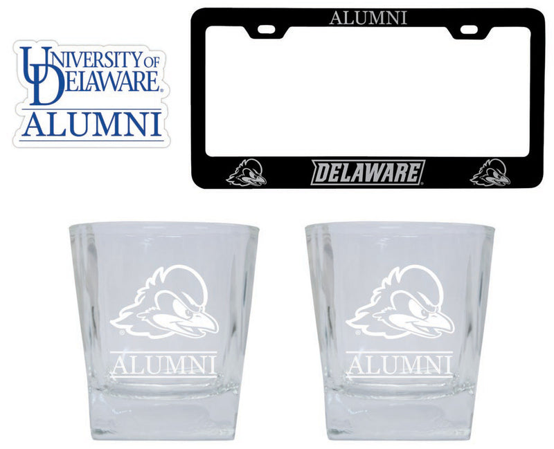 Delaware Blue Hens Collegiate Alumni Gift Set Engraved Whiskey Glasses, License Plate Frame & Decal
