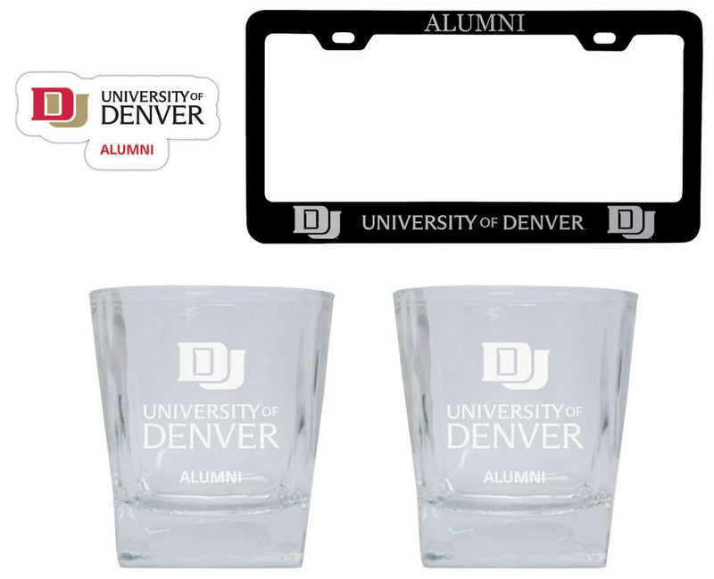 University of Denver Pioneers Collegiate Alumni Gift Set Engraved Whiskey Glasses, License Plate Frame & Decal