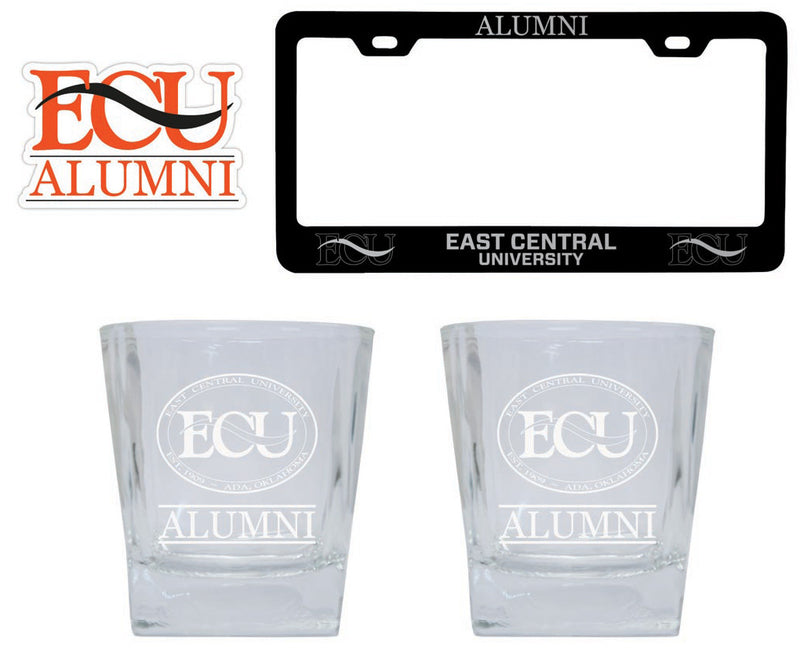 East Central University Tigers Collegiate Alumni Gift Set Engraved Whiskey Glasses, License Plate Frame & Decal