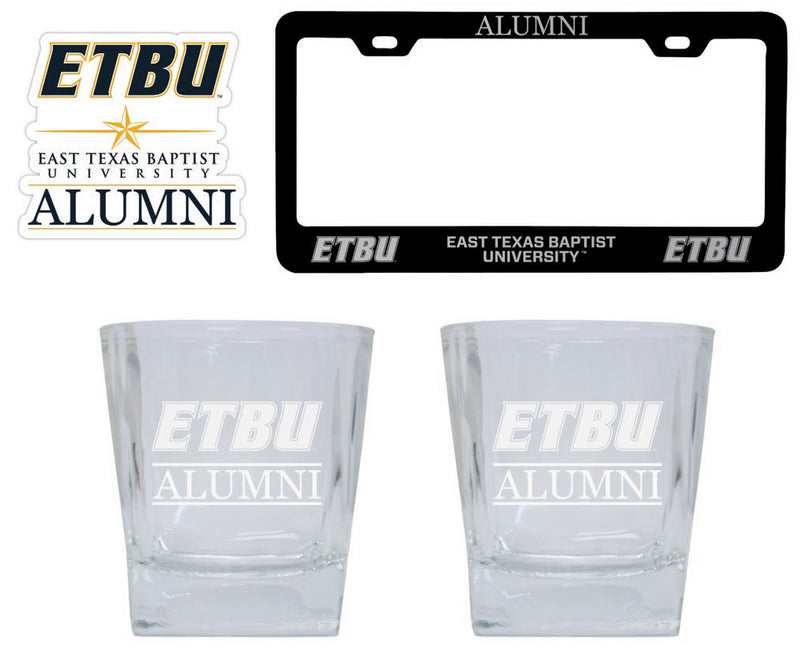 East Texas Baptist University Collegiate Alumni Gift Set Engraved Whiskey Glasses, License Plate Frame & Decal