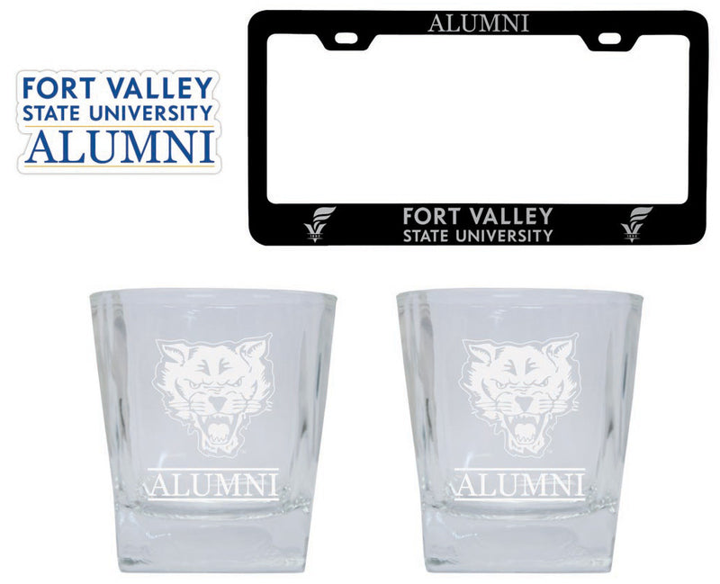 Fort Valley State University Collegiate Alumni Gift Set Engraved Whiskey Glasses, License Plate Frame & Decal