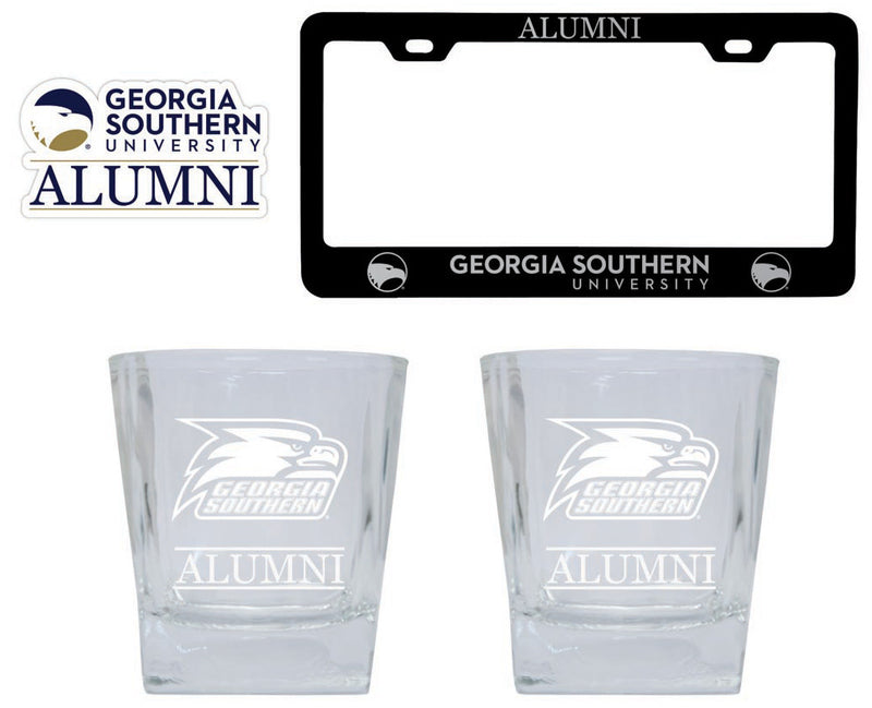 Georgia Southern Eagles Collegiate Alumni Gift Set Engraved Whiskey Glasses, License Plate Frame & Decal