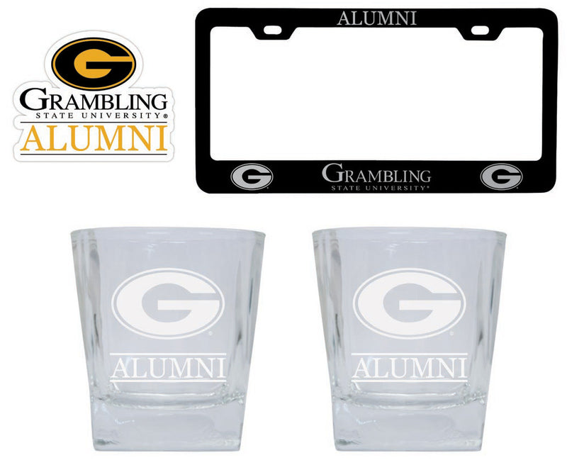 Grambling State Tigers Collegiate Alumni Gift Set Engraved Whiskey Glasses, License Plate Frame & Decal