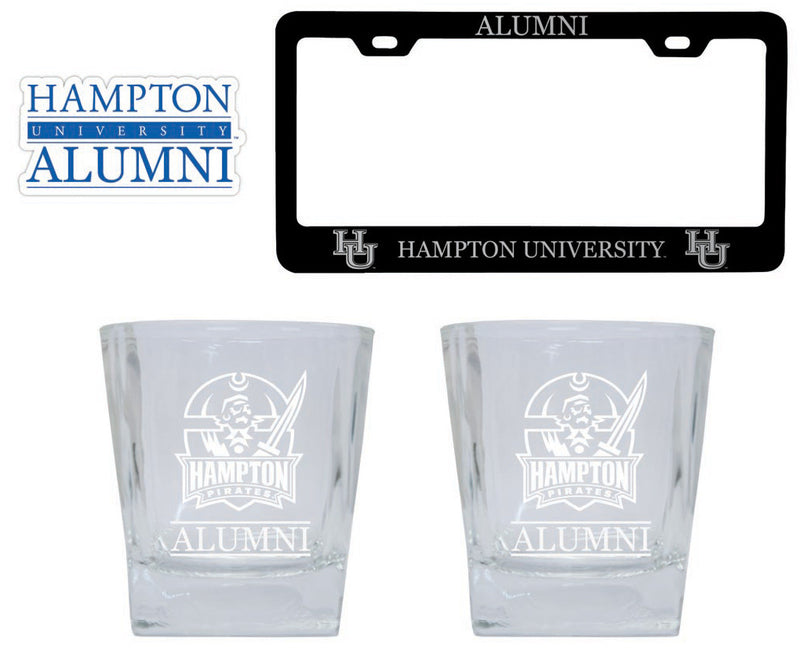 Hampton University Collegiate Alumni Gift Set Engraved Whiskey Glasses, License Plate Frame & Decal