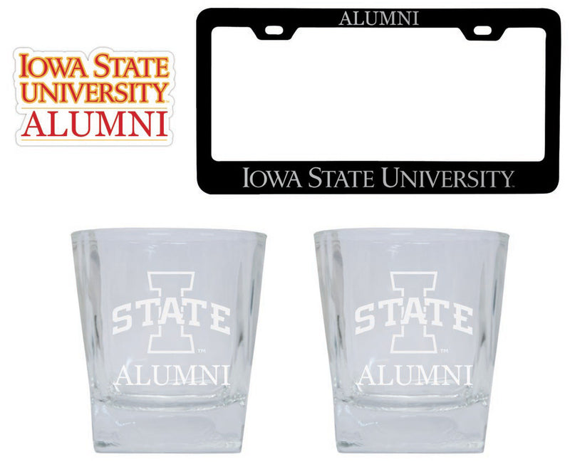 Iowa State Cyclones Collegiate Alumni Gift Set Engraved Whiskey Glasses, License Plate Frame & Decal