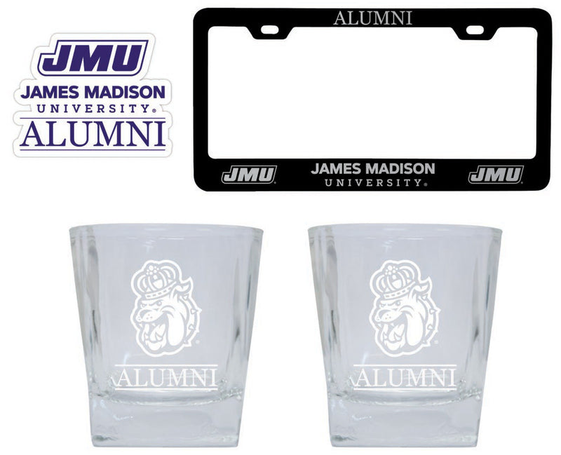 James Madison Dukes Collegiate Alumni Gift Set Engraved Whiskey Glasses, License Plate Frame & Decal