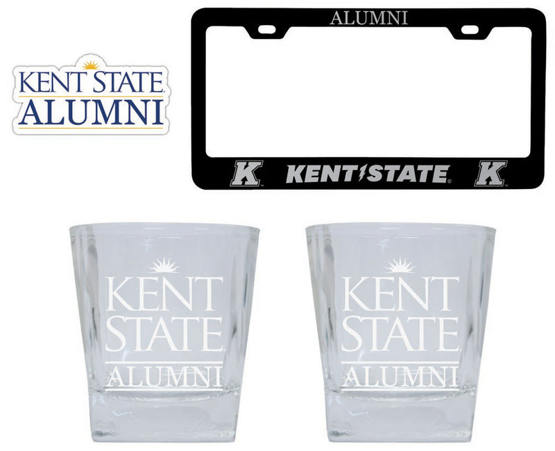 Kent State University Collegiate Alumni Gift Set Engraved Whiskey Glasses, License Plate Frame & Decal