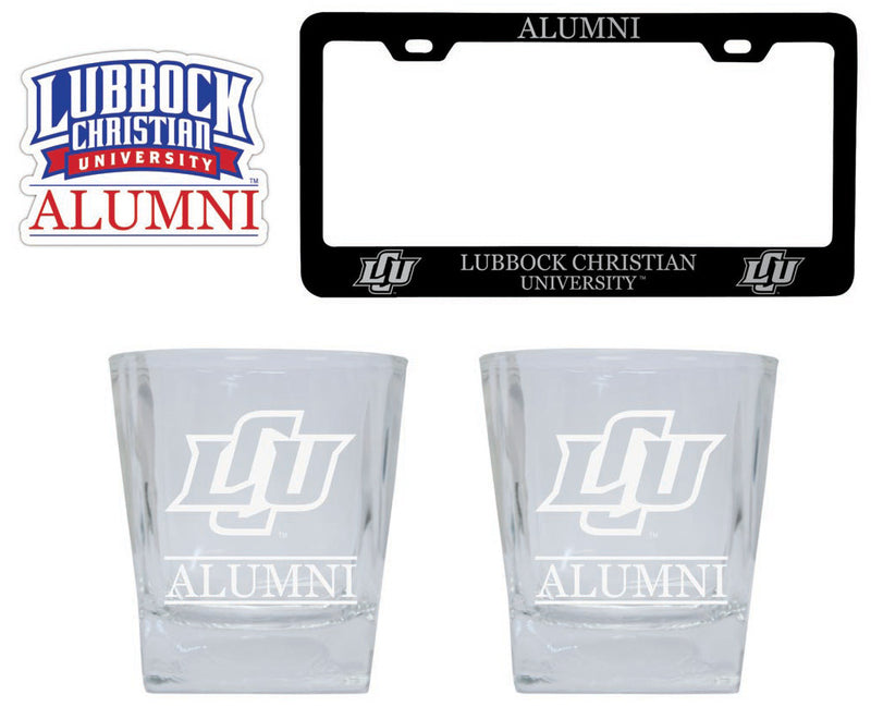 Lubbock Christian University Chaparral Collegiate Alumni Gift Set Engraved Whiskey Glasses, License Plate Frame & Decal