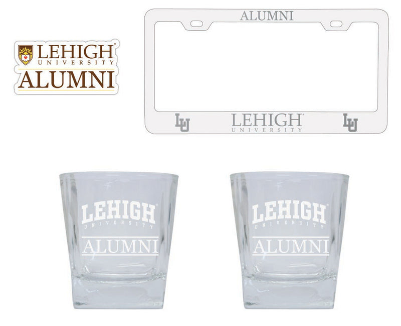 Lehigh University Mountain Hawks Collegiate Alumni Gift Set Engraved Whiskey Glasses, License Plate Frame & Decal