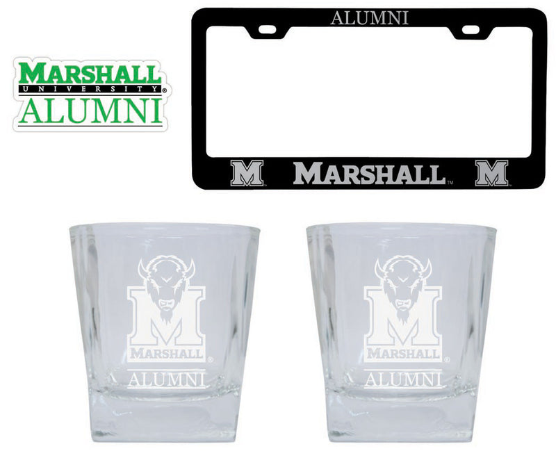 Marshall Thundering Herd Collegiate Alumni Gift Set Engraved Whiskey Glasses, License Plate Frame & Decal