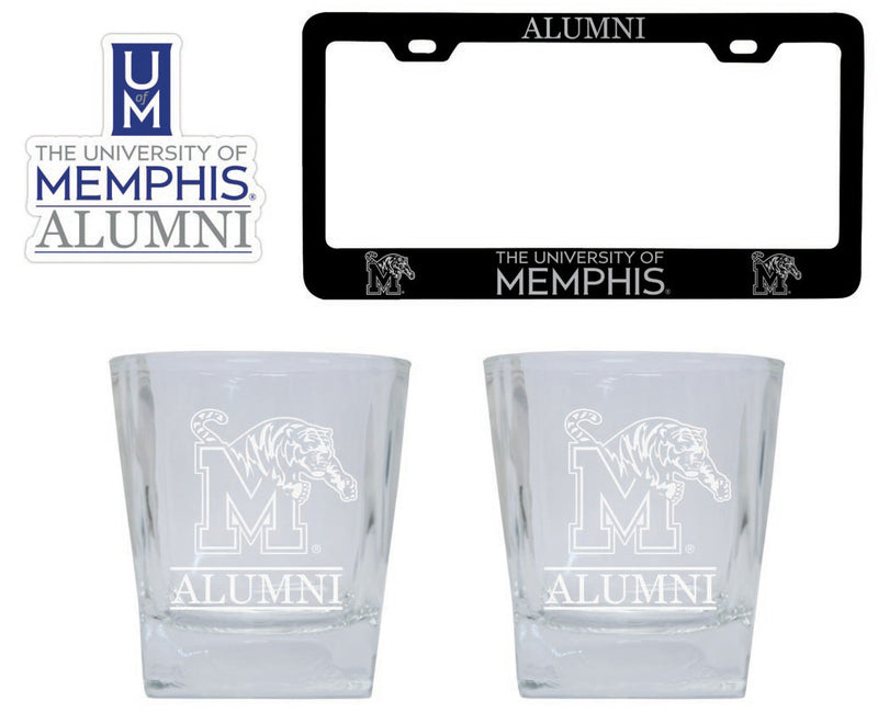 Memphis Tigers Collegiate Alumni Gift Set Engraved Whiskey Glasses, License Plate Frame & Decal