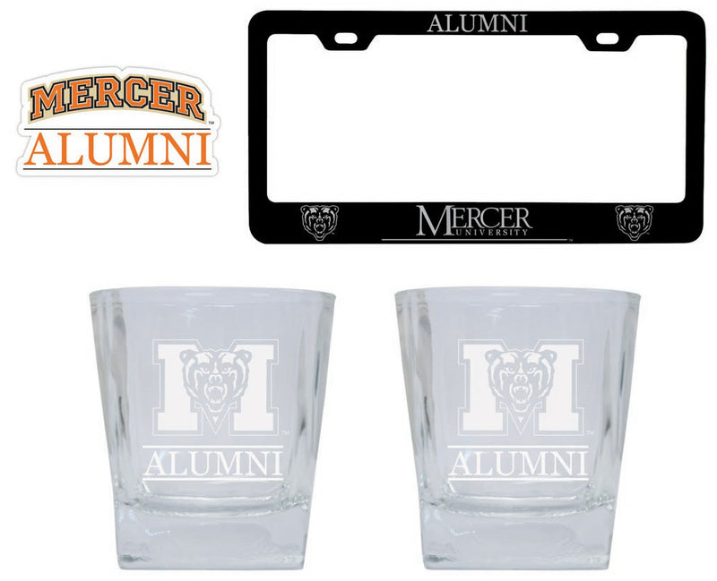 Mercer University Collegiate Alumni Gift Set Engraved Whiskey Glasses, License Plate Frame & Decal