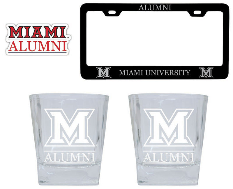 Miami University of Ohio Collegiate Alumni Gift Set Engraved Whiskey Glasses, License Plate Frame & Decal
