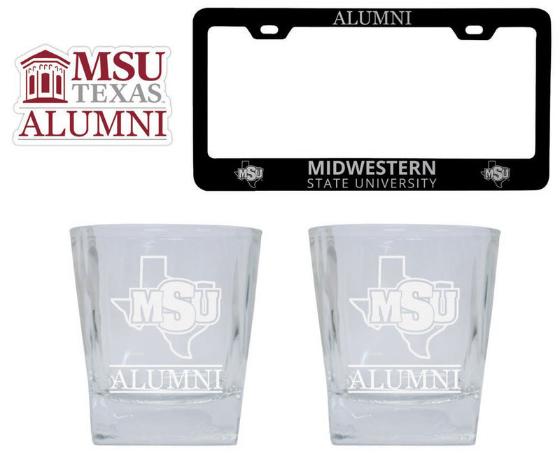 Midwestern State University Mustangs Collegiate Alumni Gift Set Engraved Whiskey Glasses, License Plate Frame & Decal