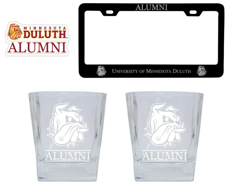 Minnesota Duluth Bulldogs Collegiate Alumni Gift Set Engraved Whiskey Glasses, License Plate Frame & Decal