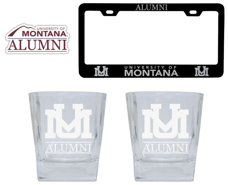 Montana University Collegiate Alumni Gift Set Engraved Whiskey Glasses, License Plate Frame & Decal