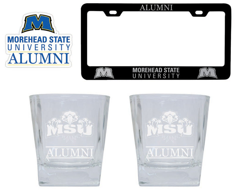 Morehead State University Collegiate Alumni Gift Set Engraved Whiskey Glasses, License Plate Frame & Decal