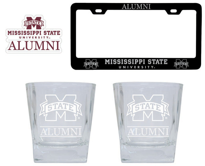 Mississippi State Bulldogs Collegiate Alumni Gift Set Engraved Whiskey Glasses, License Plate Frame & Decal
