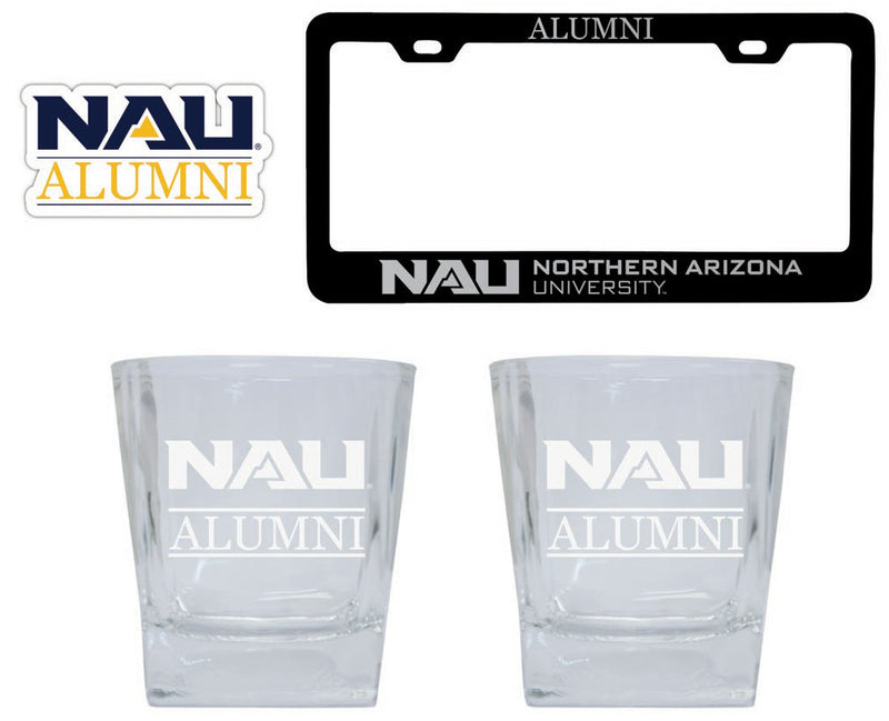 Northern Arizona University Collegiate Alumni Gift Set Engraved Whiskey Glasses, License Plate Frame & Decal
