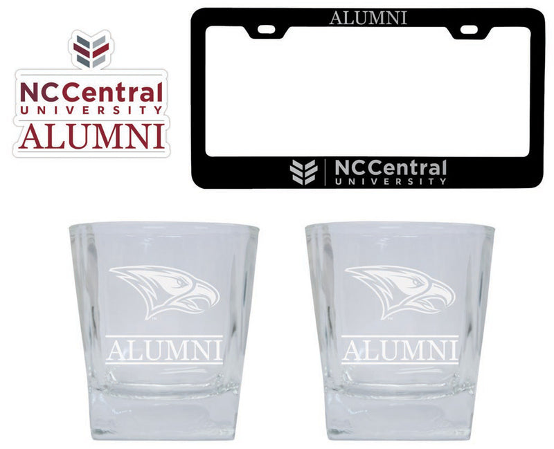 North Carolina Central Eagles Collegiate Alumni Gift Set Engraved Whiskey Glasses, License Plate Frame & Decal