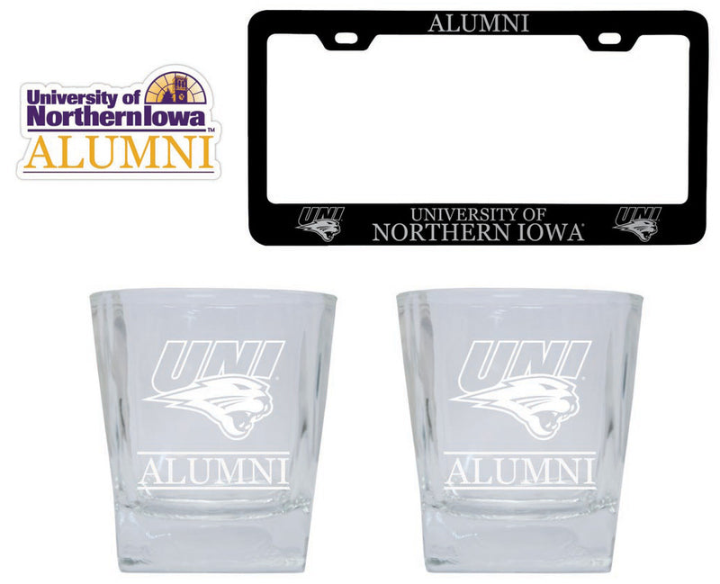 Northern Iowa Panthers Collegiate Alumni Gift Set Engraved Whiskey Glasses, License Plate Frame & Decal