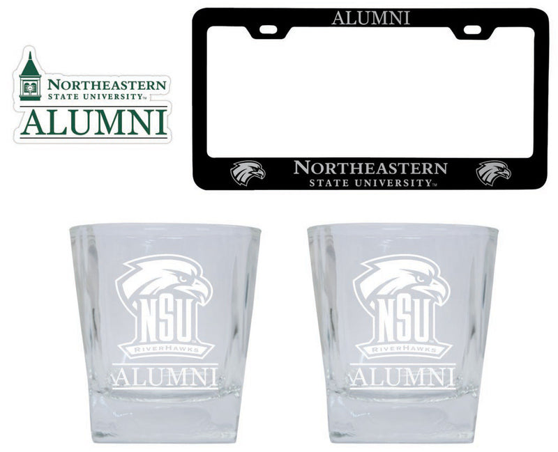 Northeastern State University Riverhawks Collegiate Alumni Gift Set Engraved Whiskey Glasses, License Plate Frame & Decal