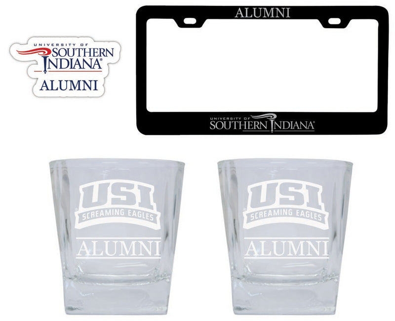 University of Southern Indiana Collegiate Alumni Gift Set Engraved Whiskey Glasses, License Plate Frame & Decal