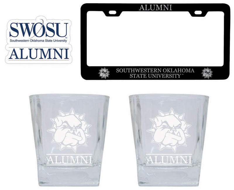 Southwestern Oklahoma State University Collegiate Alumni Gift Set Engraved Whiskey Glasses, License Plate Frame & Decal