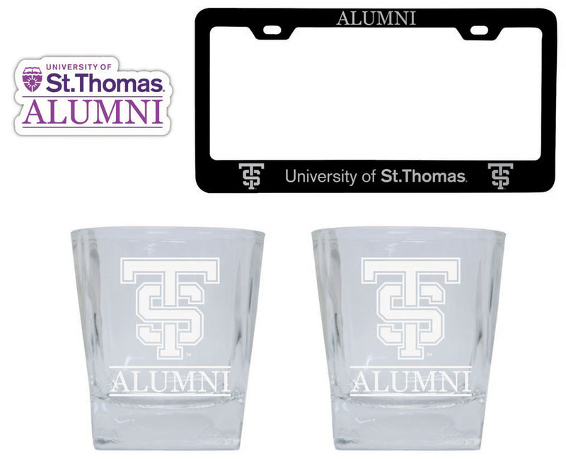 University of St. Thomas Collegiate Alumni Gift Set Engraved Whiskey Glasses, License Plate Frame & Decal