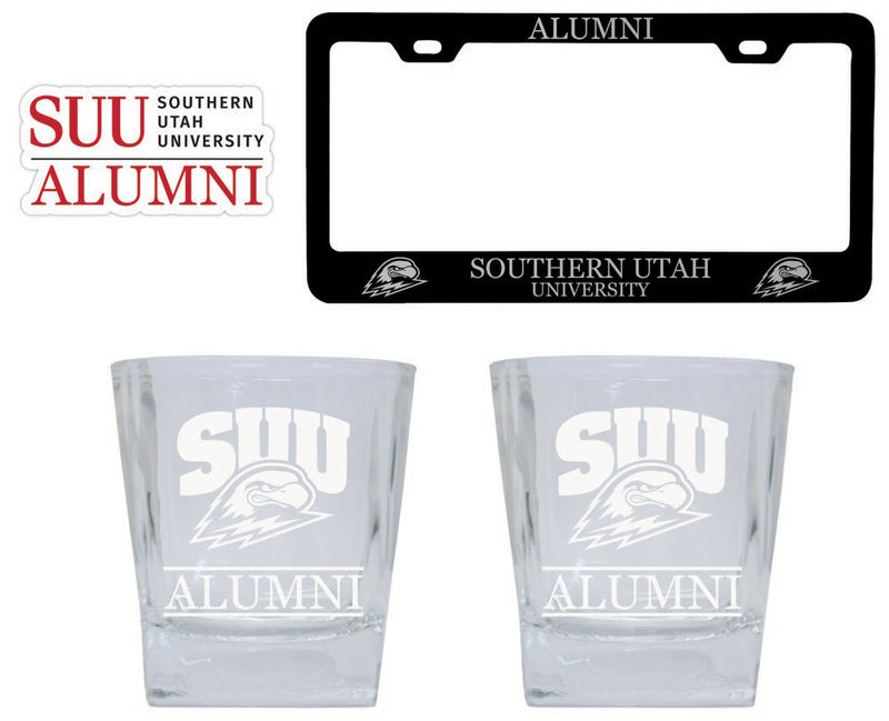 Southern Utah University Collegiate Alumni Gift Set Engraved Whiskey Glasses, License Plate Frame & Decal
