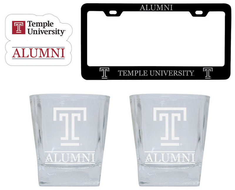 Temple University Collegiate Alumni Gift Set Engraved Whiskey Glasses, License Plate Frame & Decal