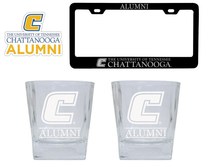 University of Tennessee at Chattanooga Collegiate Alumni Gift Set Engraved Whiskey Glasses, License Plate Frame & Decal