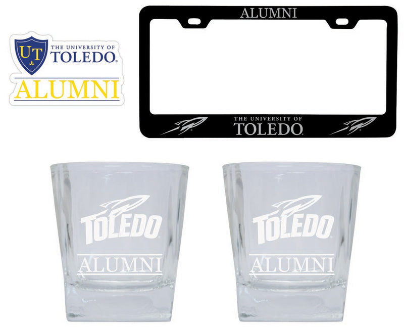 Toledo Rockets Collegiate Alumni Gift Set Engraved Whiskey Glasses, License Plate Frame & Decal