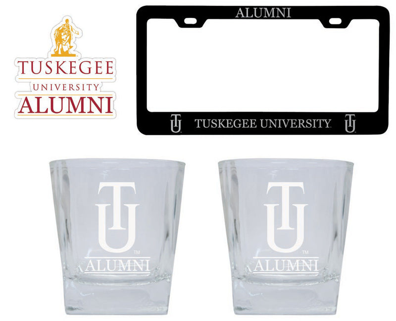 Tuskegee University Collegiate Alumni Gift Set Engraved Whiskey Glasses, License Plate Frame & Decal