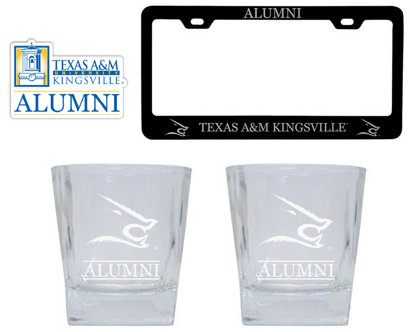 Texas A&M Kingsville Javelinas Collegiate Alumni Gift Set Engraved Whiskey Glasses, License Plate Frame & Decal
