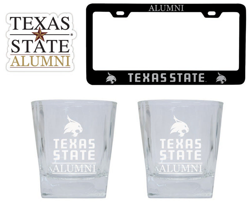 Texas State Bobcats Collegiate Alumni Gift Set Engraved Whiskey Glasses, License Plate Frame & Decal