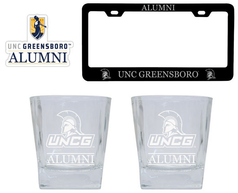North Carolina Greensboro Spartans Collegiate Alumni Gift Set Engraved Whiskey Glasses, License Plate Frame & Decal