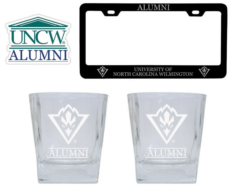 North Carolina Wilmington Seahawks Collegiate Alumni Gift Set Engraved Whiskey Glasses, License Plate Frame & Decal