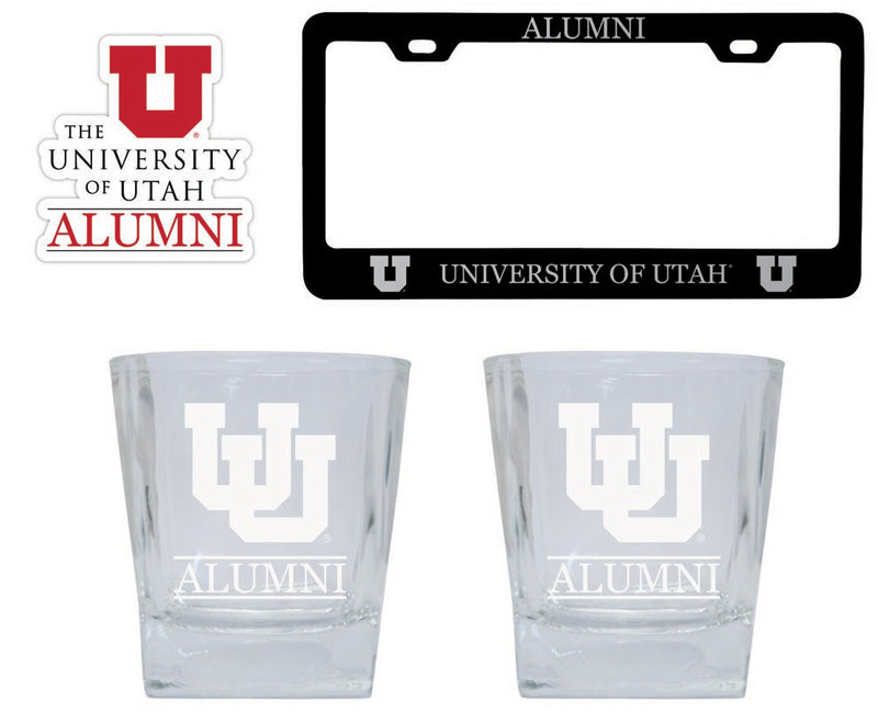 Utah Utes Collegiate Alumni Gift Set Engraved Whiskey Glasses, License Plate Frame & Decal