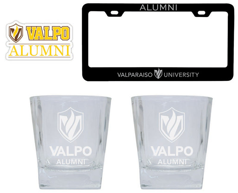 Valparaiso University Collegiate Alumni Gift Set Engraved Whiskey Glasses, License Plate Frame & Decal